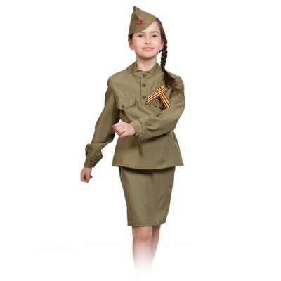 Карнавальный костюм «Солдаточка», гимнастёрка, ремень, юбка, пилотка, бант, рост 134-140 см
