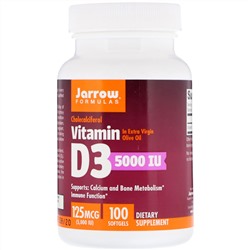 Jarrow Formulas, витамин D3, холекальциферол, 125 мкг (5000 МЕ), 100 мягких таблеток