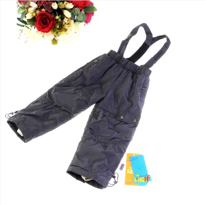 Рост 76-80. Утепленные детские штаны на подтяжках с подкладкой из полиэстера Rihoo графитового цвета.