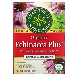 Traditional Medicinals, Organic Echinacea Plus, оригинальный вкус с мятой, без кофеина, 16 чайных пакетиков в упаковке, 24 г (0,85 унции)
