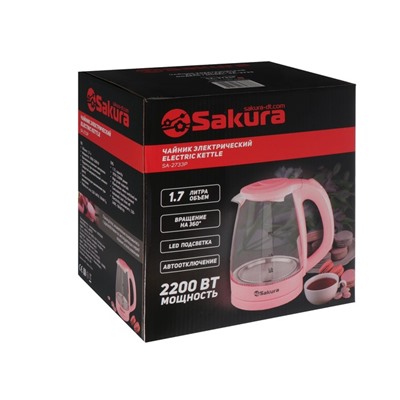 Чайник электрический Sakura SA-2733BG, стекло, 1.7 л, 2200 Вт, розовый