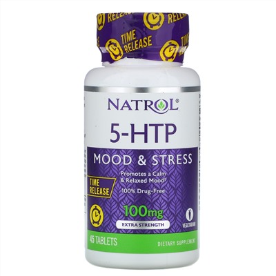 Natrol, 5-гидрокситриптофан, медленное высвобождение, с повышенной силой действия, 100 мг, 45 таблеток