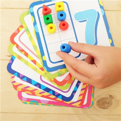 Развивающая игра шнуровка «Бусины» с карточками «Учим счёт, цвета и формы», по методике Монтессори
