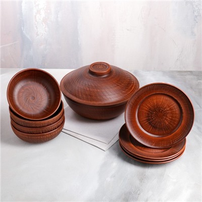 Набор посуды из красной глины "Эко", 9 предметов: сковорода 3,5 л, глубокие тарелки 0.8 л, плоские тарелки 20 см