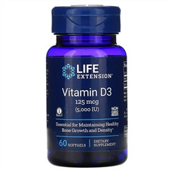 Life Extension, витамин D3, 125 мкг (5000 МЕ), 60 мягких таблеток