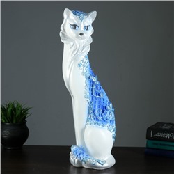 Фигура "Кошка Маркиза" орнамент сеточка ручная работа белая/синий рис 14х15х50 см