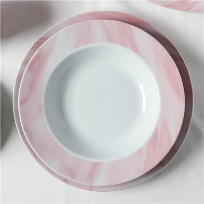 Сервиз столовый Доляна «Мрамор», 24 предмета: тарелки 19/21×3,5/24 см, чайная пара 200 мл, цвет розовый