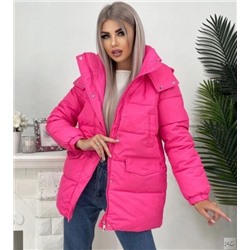 Удлиненная курточка с капюшоном яр-розовая ZI