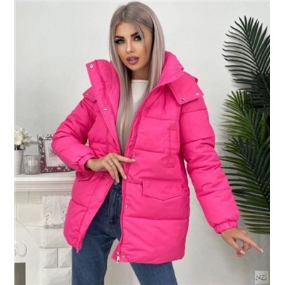 Удлиненная курточка с капюшоном яр-розовая ZI