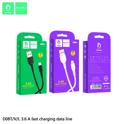 Кабель USB - Lightning DENMEN D08L 3.6A (белый) 1м