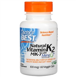 Doctor's Best, Натуральный витамин K2 MK-7 с MenaQ7, 100 мкг, 60 растительных капсул
