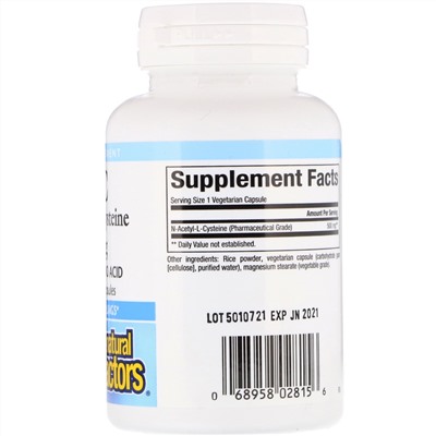 Natural Factors, NAC N-ацетил-L цистеин, 500 мг, 90 растительных капсул