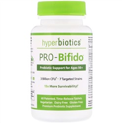 Hyperbiotics, "ПРО-бифидо", пробиотический поддерживающий препарат для людей старше 50 лет, 60 таблеток замедленного высвобождения