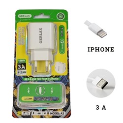 Комплект СЗУ с кабелем iPhone GERLAX А2 на 1 USB вход 3 А быстрая зарядка 18V длина провода 1 метр цвет белый