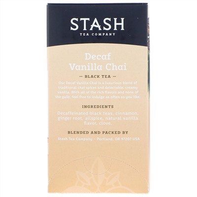 Stash Tea, Black Tea, Decaf Vanilla Chai, 18 Tea Bags, 1.2 oz (36 g)
