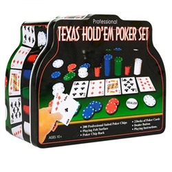Набор "Покер" в мет.банке (200 фишек 4 гр.,2 колоды карт,сукно) арт.1897/BR5018