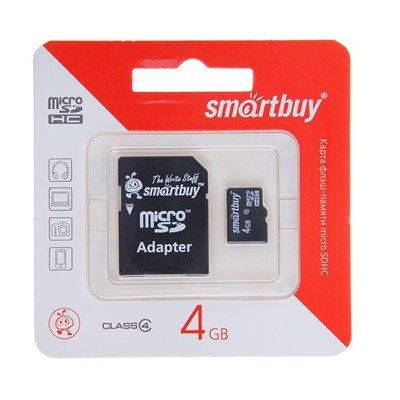 Карта памяти microSDHC Smartbuy 4GB, class 4 + адаптер