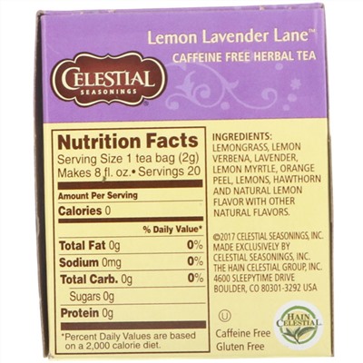 Celestial Seasonings, Травяной чай, лимонно-лавандовый путь, без кофеина, 20 чайных пакетиков, 1,1 унции (31 г)