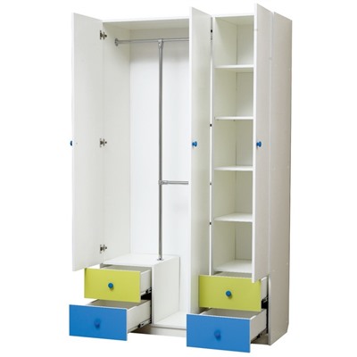Шкаф 3-х дверный «Радуга», с ящиками и зеркалом, 1200 × 490 × 2100 мм, белый/лайм/синий