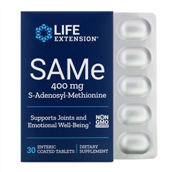 Life Extension, SAMe, S-аденозил-метионин, 400 мг, 30 таблеток, покрытых кишечнорастворимой оболочкой