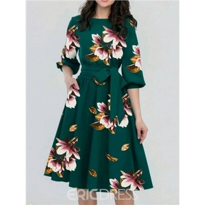 Платье Size Plus цветочный принт рукав 7/8 зеленое M29