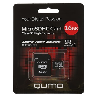 Карта памяти microSDHC Qumo 16 Гб class 10, UHS-I 3.0, с адаптером