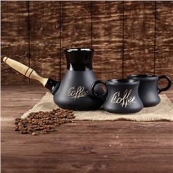 Кофейный набор 3 предмета, чёрный, матовый, турка с деревянной ручкой, объём 0,6 л, чашка 0,1 л