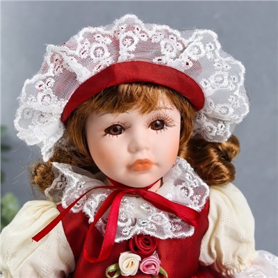 Кукла коллекционная керамика "Мила в красно-белом платье и чепчике" 30 см