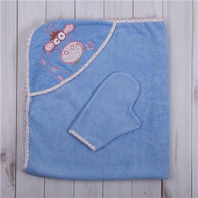 Набор для купания (полотенце-уголок, рукавица) с вышивкой "Жираф", размер 100х110 см, цвет голубой (арт. К24/2)