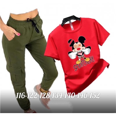 Детский костюм красная футболка Микки и брюки с карманами хаки Xi