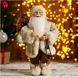 Дед Мороз "В белой шубке, с фонариком и мешком" 30 см