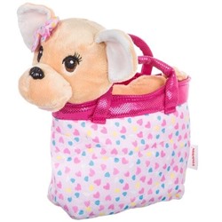 Собачка в розовой сумке с сердечками, Bondibon МИЛОТА, c ошейником и поводком, PAC, чихуахуа с банти