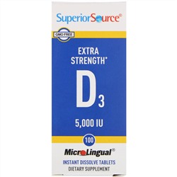 Superior Source, витамин D3 повышенной силы действия, 125 мкг (5000 МЕ), 100 быстрорастворимых таблеток MicroLingual