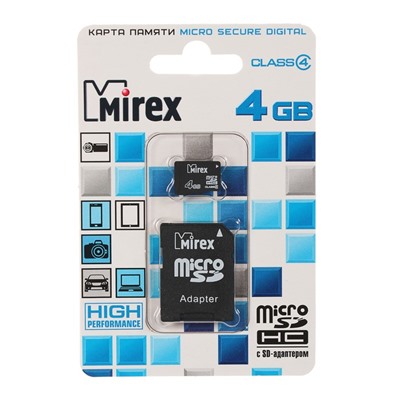 Карта памяти Mirex microSD, 4 Гб, с адаптером, SDHC, класс 4