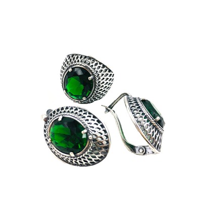 Гарнитур серьги с кольцом стекло зеленое