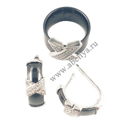 Набор серьги с кольцом керамика чёрная посеребренный