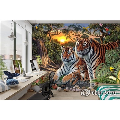 3D Фотообои «Тигриная семья. Закат»