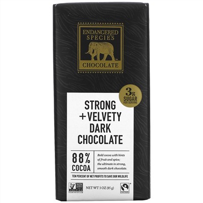 Endangered Species Chocolate, Strong + Velvety Dark Chocolate, 3 oz (85 g)