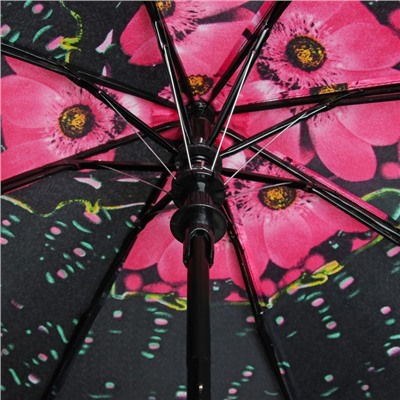 Зонт полуавтоматический «Цветы», 3 сложения, 8 спиц, R = 50 см, цвет чёрный/розовый