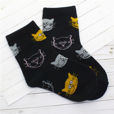 Детские носки 3-5 лет 15-18 см "Котики" Чёрные с жёлтым котиком