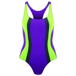 Купальник для плавания сплошной, цвет ярко фиолетовый/зелёный/тёмно-серый, размер 34