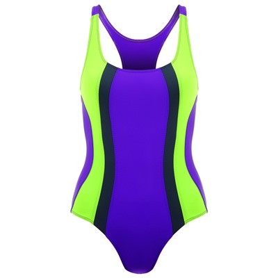 Купальник для плавания сплошной, цвет ярко фиолетовый/зелёный/тёмно-серый, размер 34