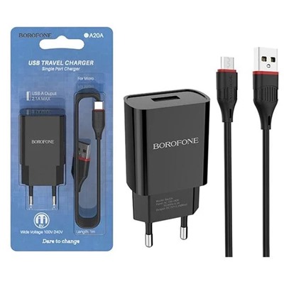 Сетевой адаптер питания BOROFONE BA20A 1USB 2.1A + кабель Micro (черный)