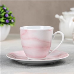 Чайная пара Доляна «Мрамор», чашка 200 мл, блюдце d=14,5 см, цвет розовый