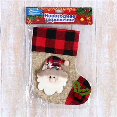 Носок для подарков "Дед Мороз, остролист" 12х15,5 см, красно-коричневый