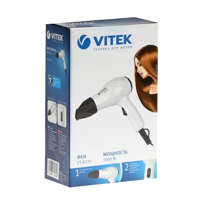 Фен Vitek VT-8223, 1000 Вт, 2 режима, 2 скорости, концентратор, шнур 1.8 м, бело-чёрный