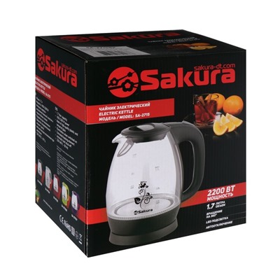 Чайник электрический Sakura SA-2715BK, стекло, 1.7 л, 2200 Вт, чёрный