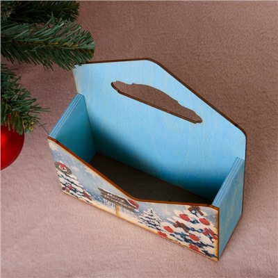 Кашпо деревянное "Конверт, Новогодний №1", деревянная ручка, голубое, 20,5×18×6 см