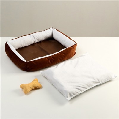 Лежанка мягкая прямоугольная со съемной подушкой + игрушка косточка, 54 х 42 х 11 см, коричнева 7907