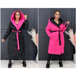 Двухстороннее пальто с поясом Черно-розовое T124